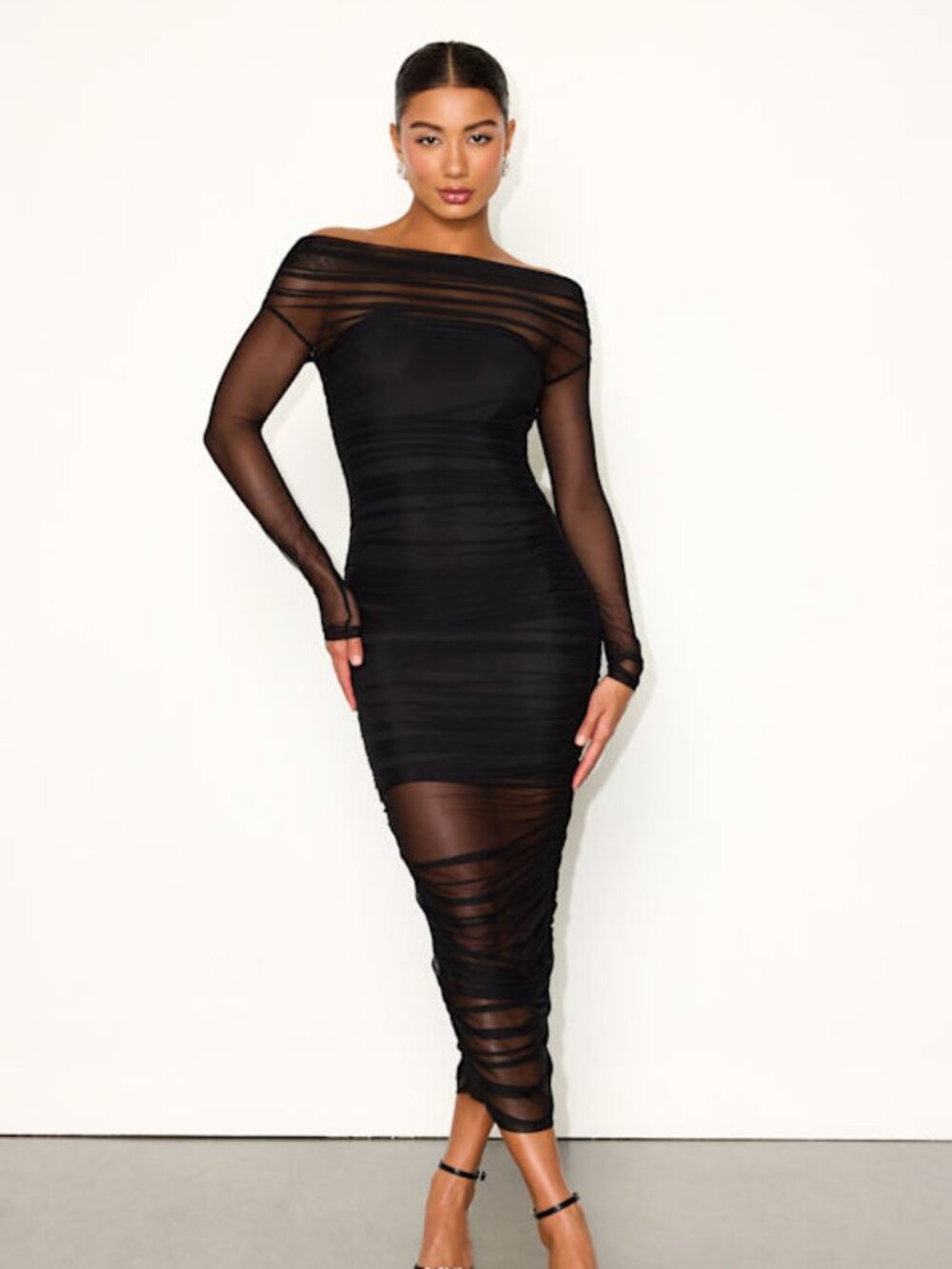 Lulus Sunama Black Mesh Ruched Long Sleeve Bodycon Midi Dress - Size S